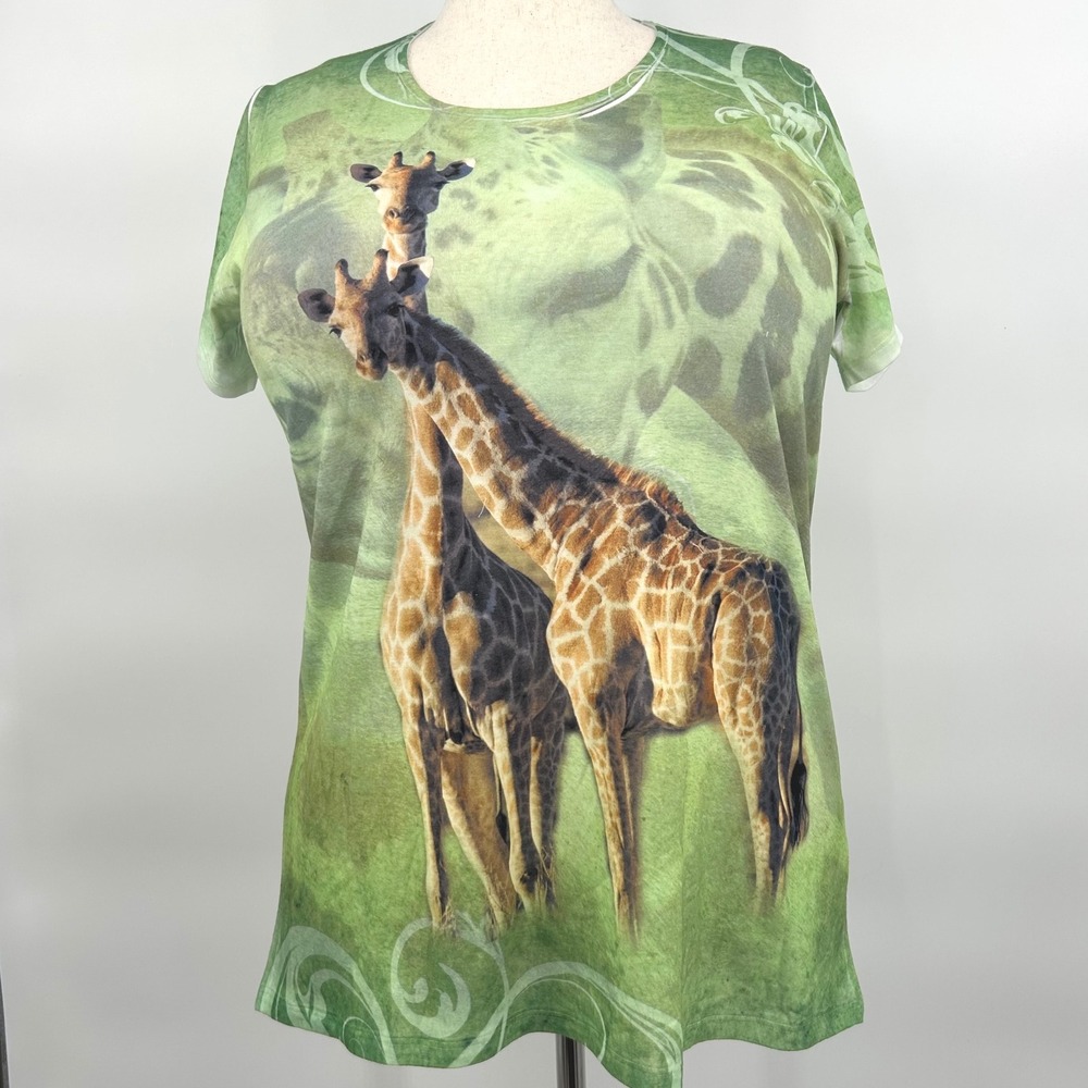 SunShirt Wms XXL Giraffe All Over Print Graphic Green‎ Animal T-Shirt Safari